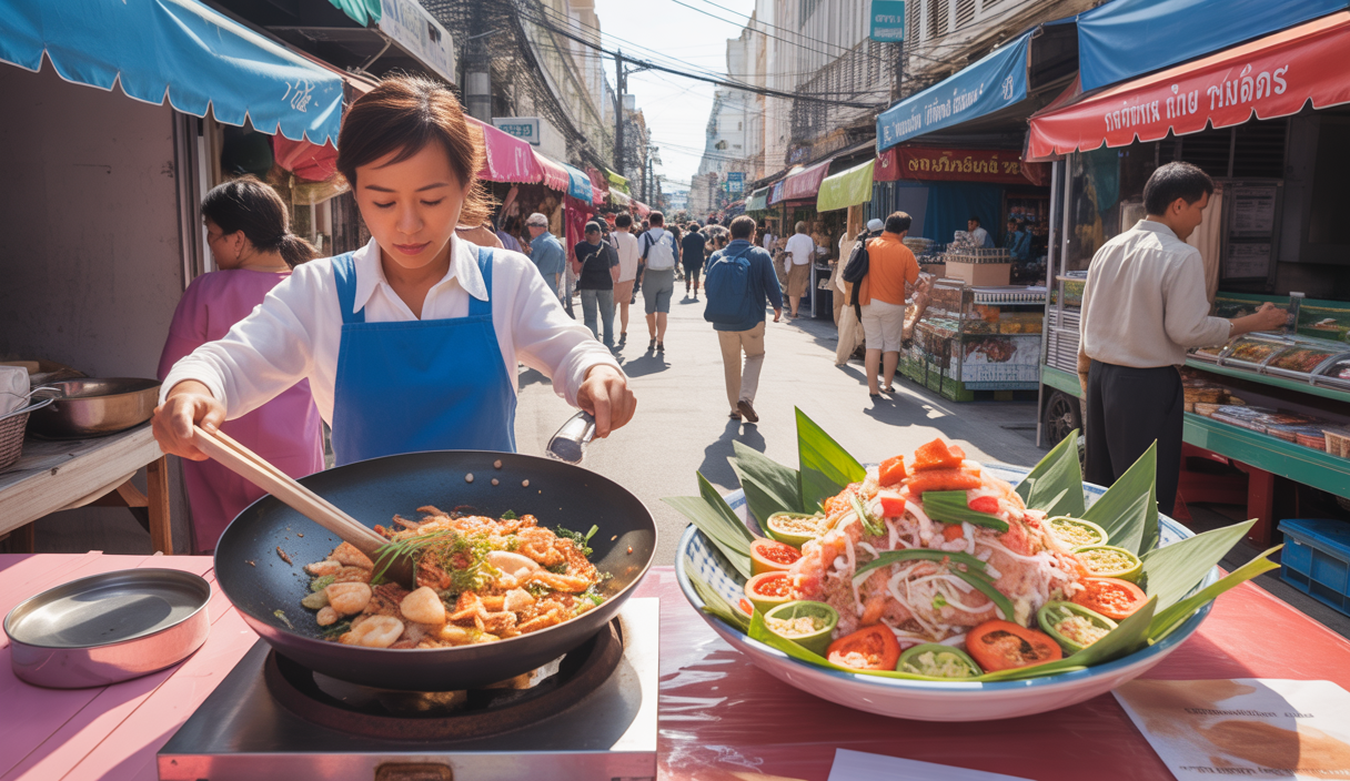 Scène vivante de la cuisine de rue thaïlandaise avec des plats emblématiques