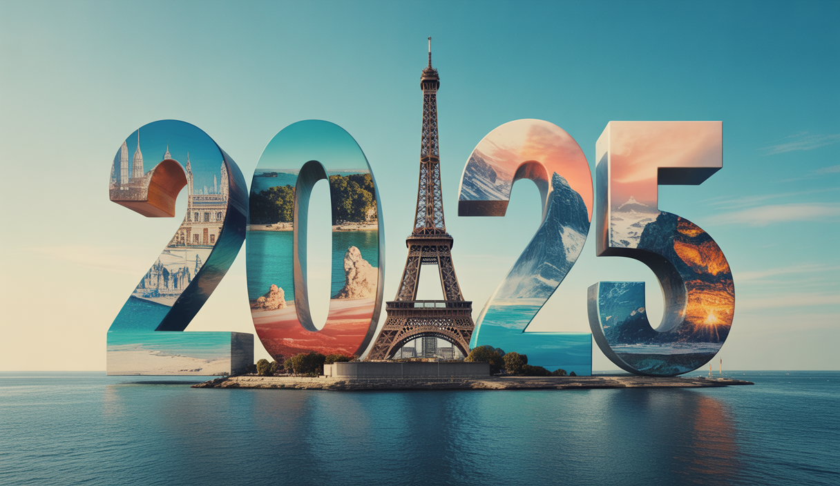 Montage d'images représentant des destinations de voyage emblématiques pour 2025 avec diversité culturelle et naturelle.