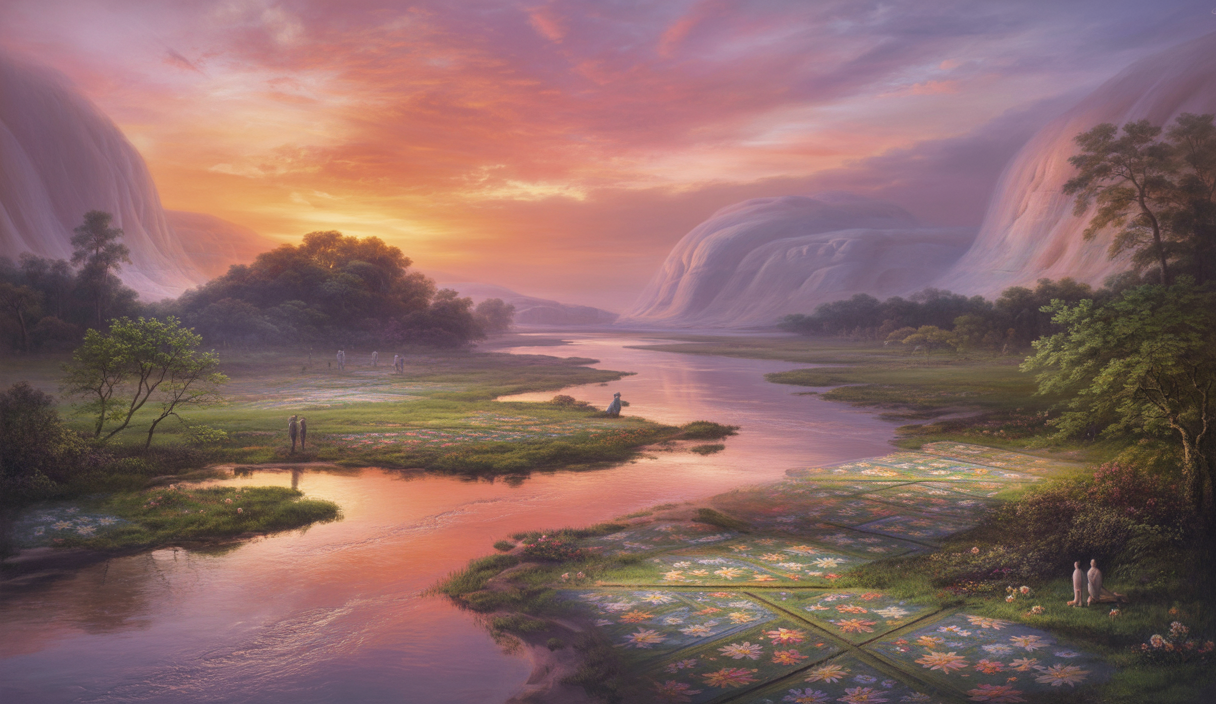 An ethereal landscape at sunset with vibrant colors and serene atmosphere