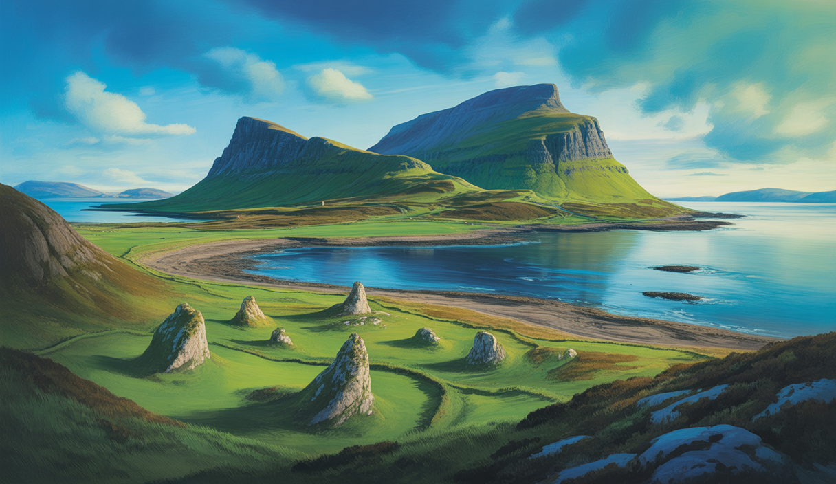 Vue panoramique de l'île d'Arran en Écosse, mise en valeur pour son statut de Géoparc UNESCO