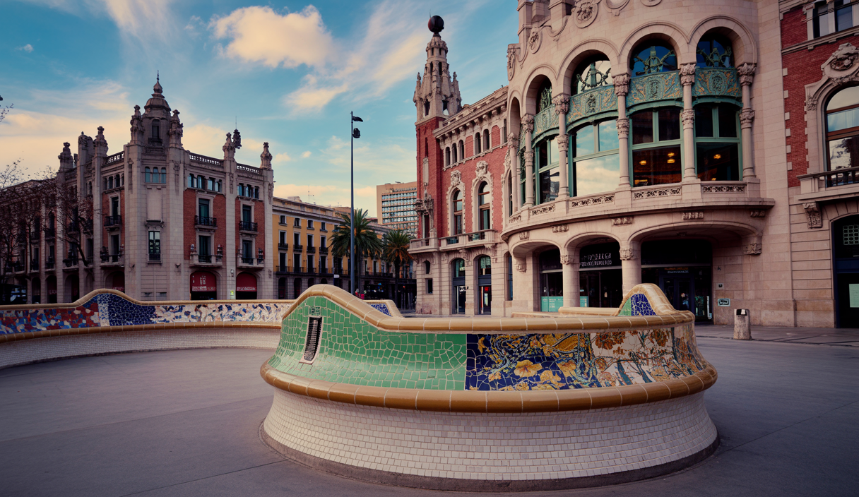 Vue emblématique du modernisme catalan à Barcelone avec le Palau de la Música Catalana et le Recinte Moderniste Sant Pau