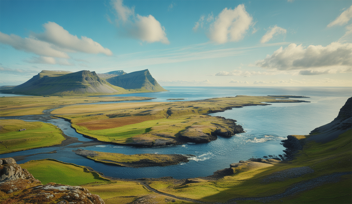 Paysage estival spectaculaire d'Islande avec Fly Play Airlines
