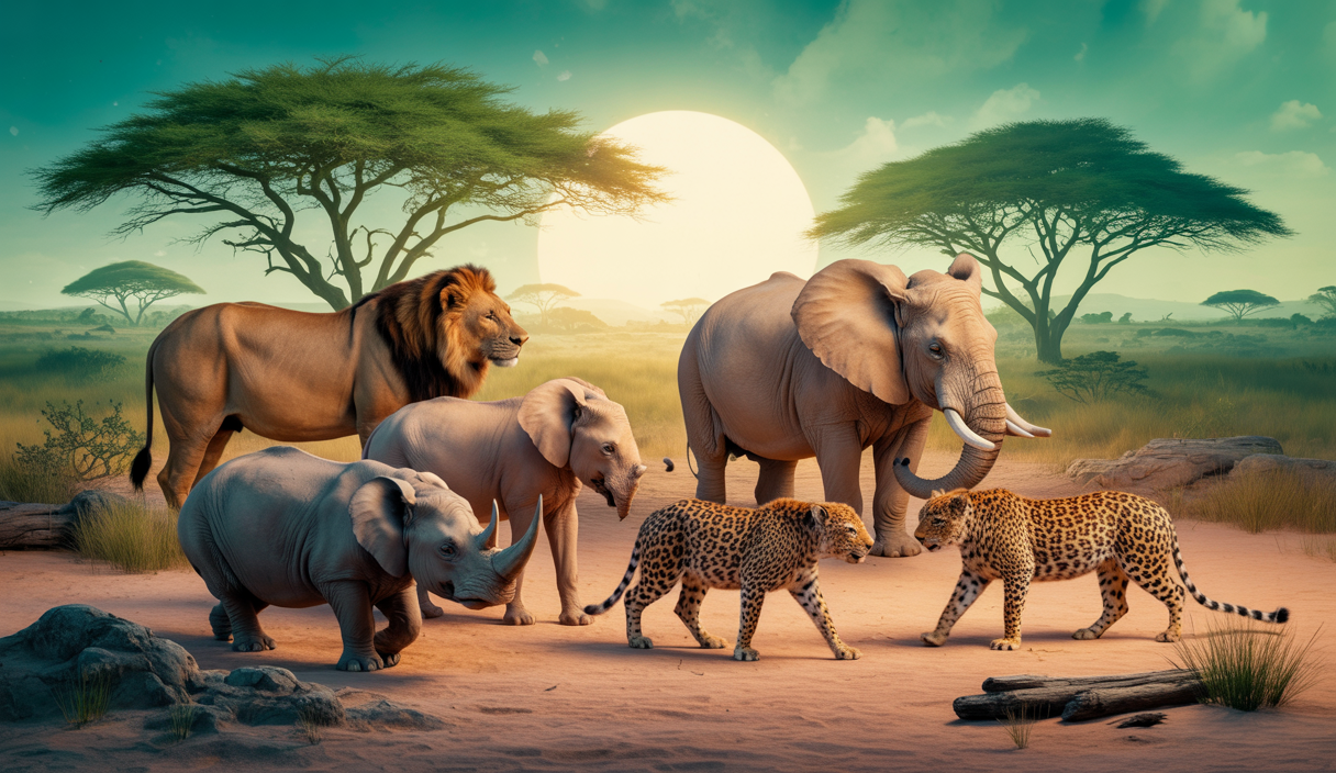 Scène immersive d'un safari en Afrique du Sud avec les Big Five