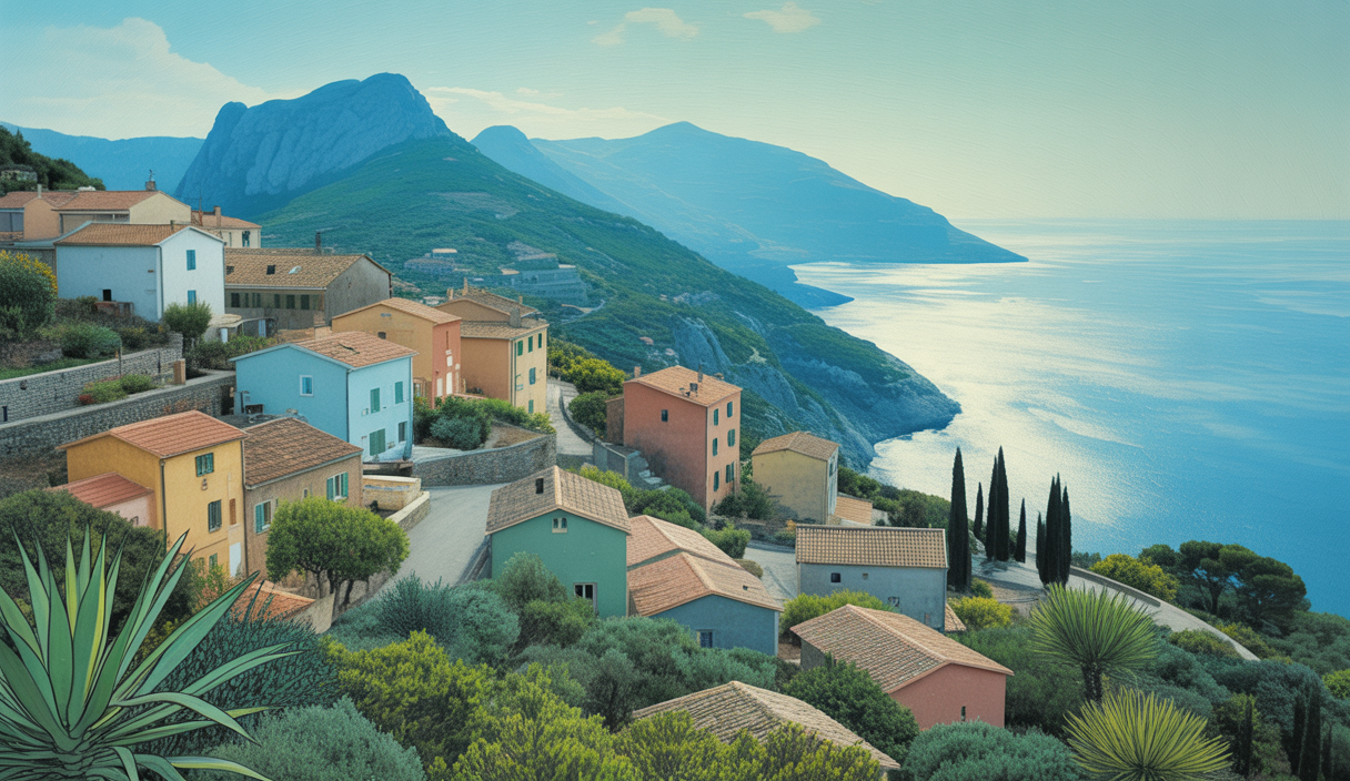 Vue pittoresque des villages de Balagne en Corse, entre mer scintillante et montagnes majestueuses.