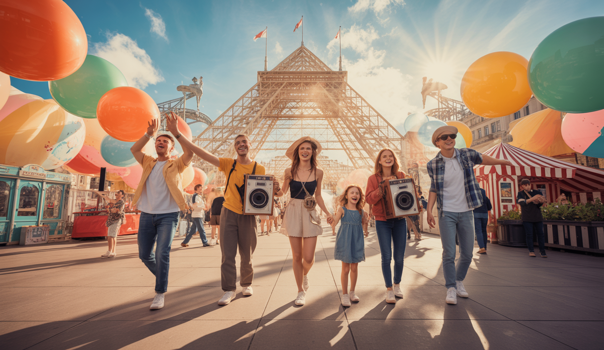 Une scène dynamique illustrant des activités culturelles et de loisirs pour l'été 2025