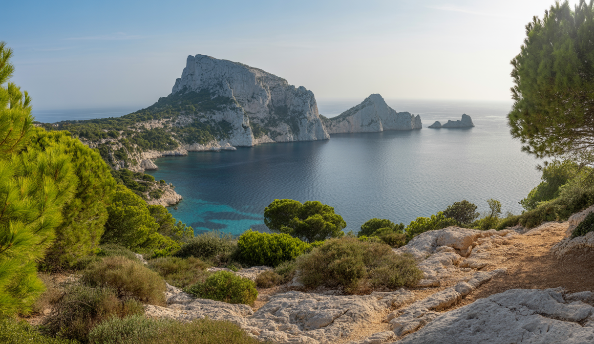 Paysage maritime spectaculaire des calanques avec falaises calcaires blanches, eaux turquoise, pins et garrigue sous un ciel bleu clair