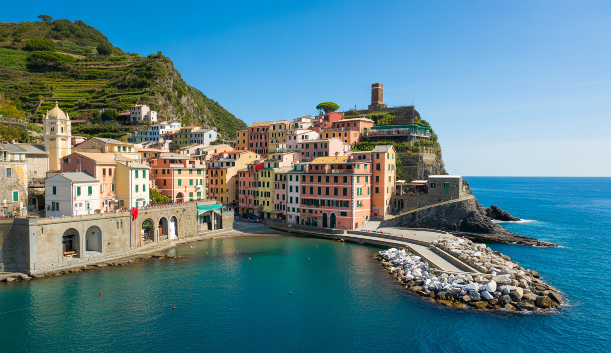 Paysage pittoresque des Cinque Terre en Italie avec villages colorés à flanc de falaise et vue sur la mer Méditerranée sous un ciel clair