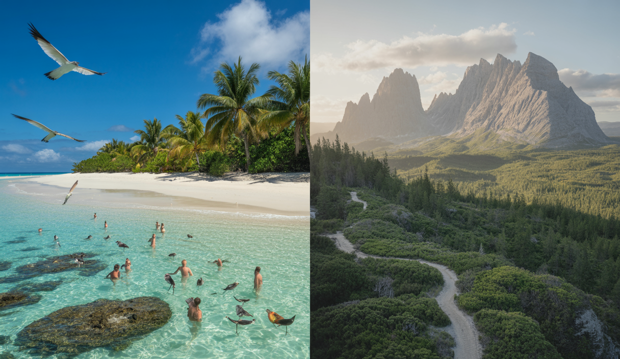 Paysages naturels emblématiques de Sherwood Parc aux Bahamas et du parc national des Écrins en France avec une végétation luxuriante, mer turquoise, montagnes enneigées et sentiers de randonnée.