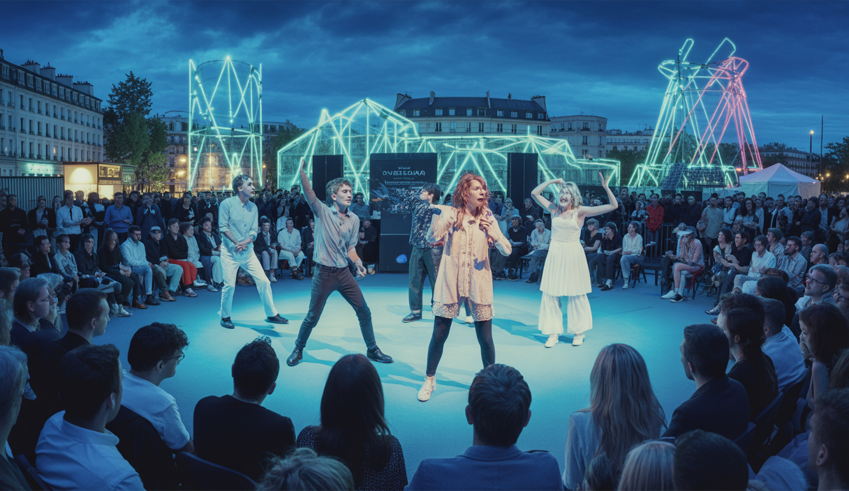 Illustration nocturne animée de La Villette à Paris avec un festival artistique vibrant