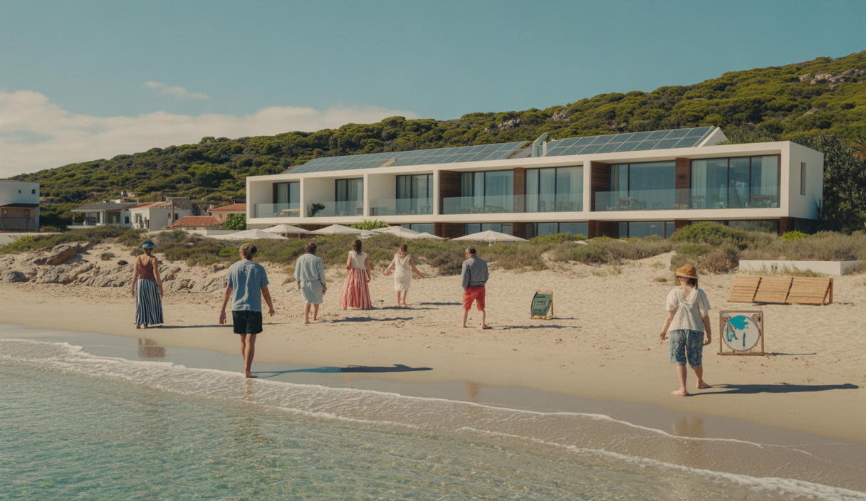 Vue d'un hôtel écologique Net Zero en Méditerranée avec plage propre et activités durables, illustrant le tourisme durable en 2025