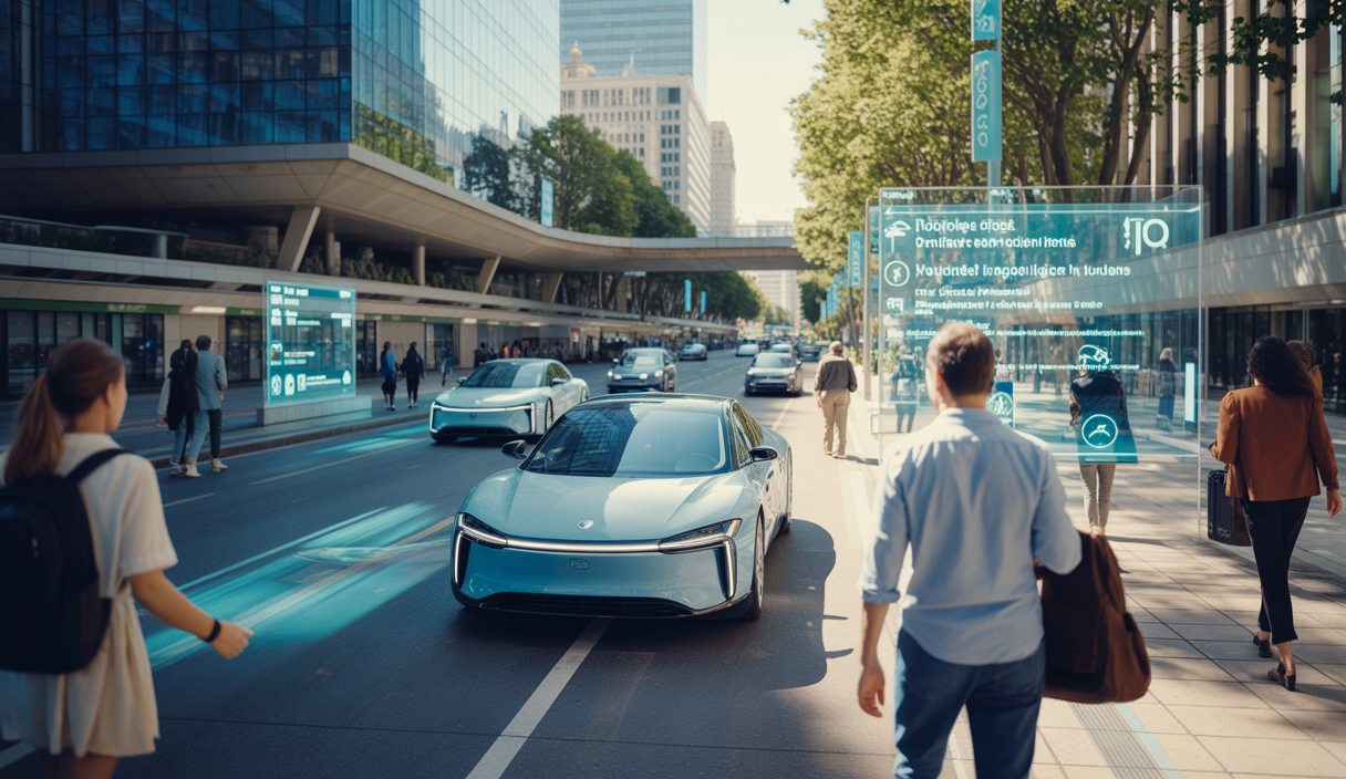 Vue futuriste d'un terminal de transport touristique en 2025 avec véhicules autonomes, voyageurs utilisant des dispositifs intelligents et infrastructures modernes durables