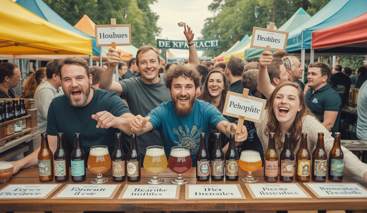 Scène vibrante de La Moisson des Brasseurs 2025, avec des étals colorés et une foule festive.