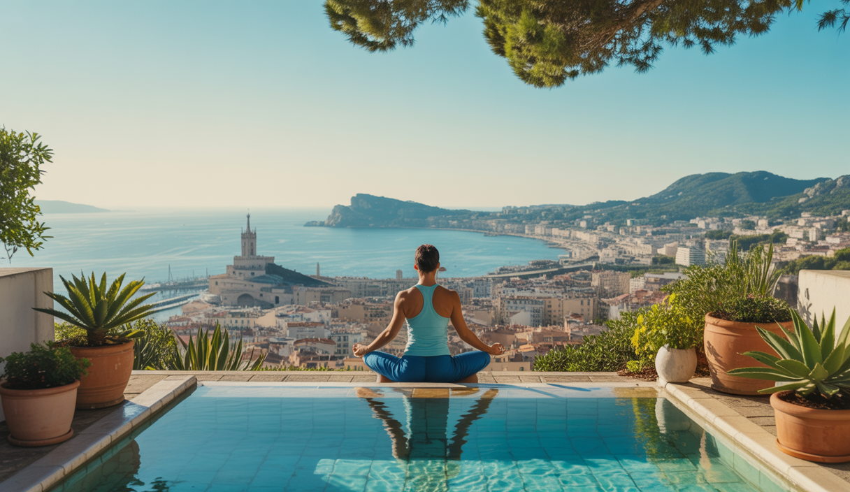 Vue dynamique et sereine de Marseille, centre du tourisme de bien-être.