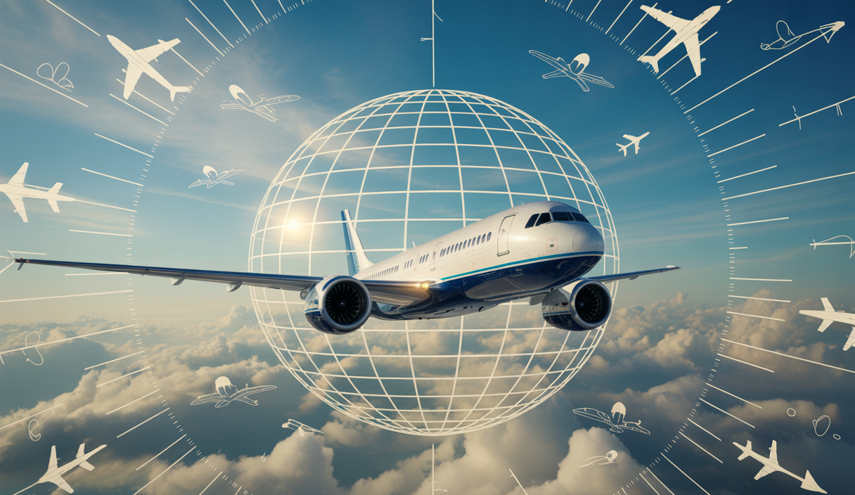 Illustration colorée d'un avion sur fond de ciel vibrant symbolisant la mobilité internationale