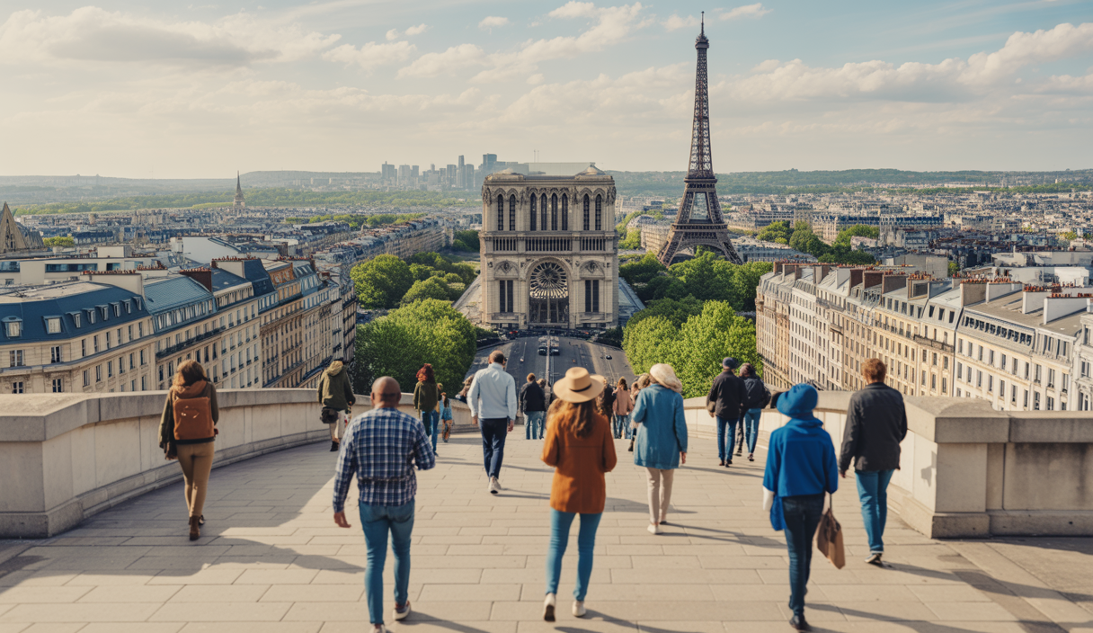 Illustration vivante du patrimoine français immergé dans le quotidien urbain de 2025.