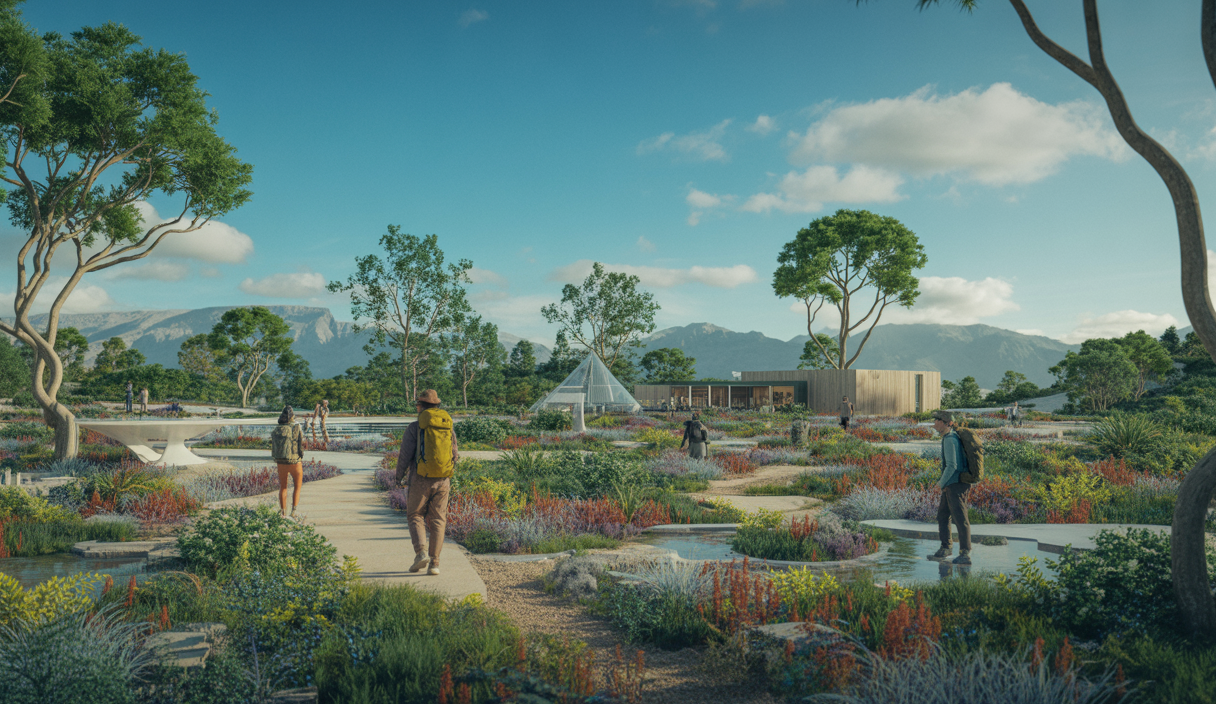 Paysage touristique futuriste axé sur l'aventure et la durabilité en 2025