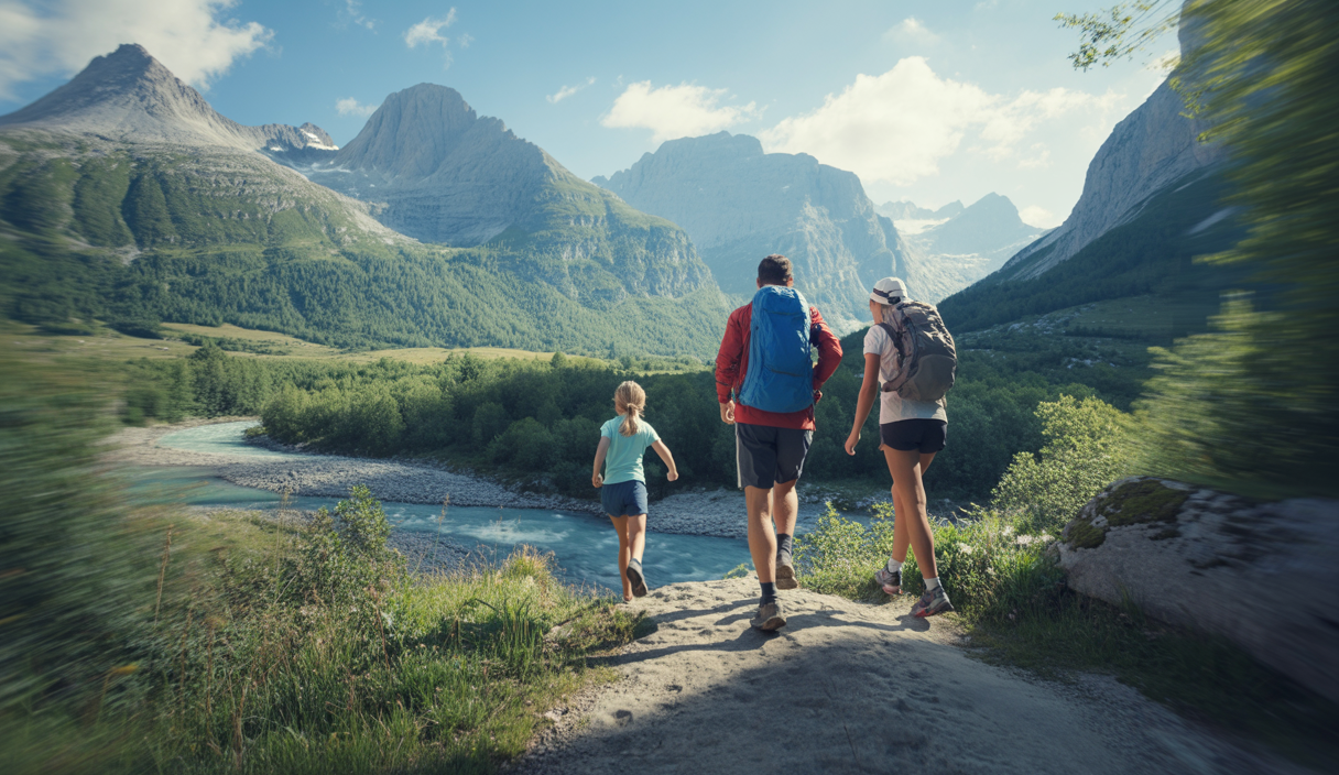 Vue aérienne des paysages montagneux des Hautes-Alpes et du Pays des Écrins, avec des familles et sportifs en activité.