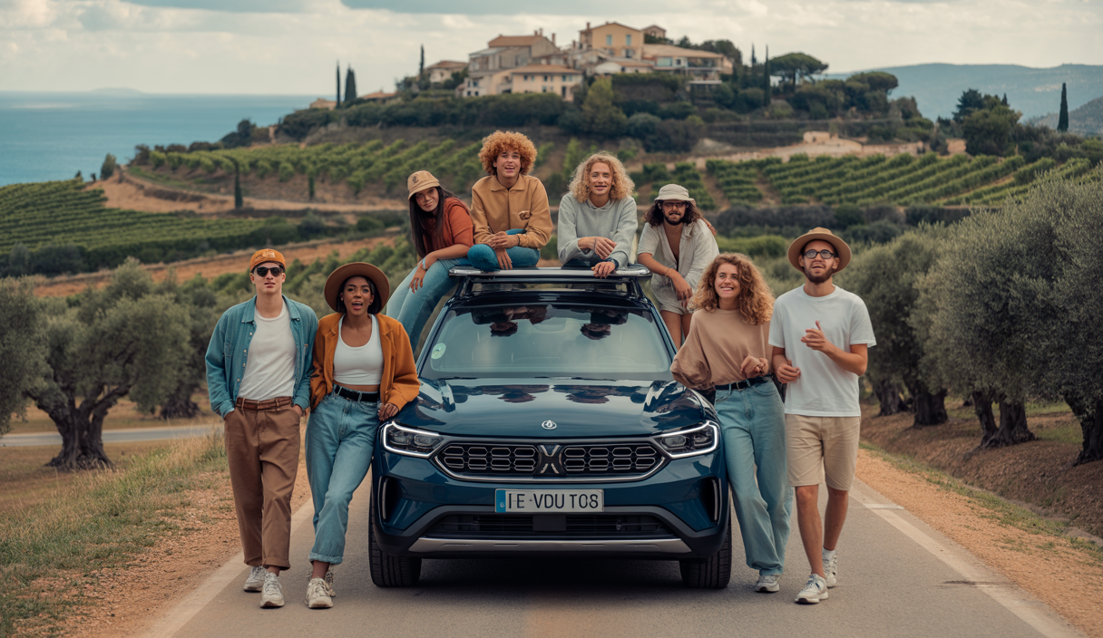 Illustration captivante des grandes tendances touristiques 2025 : jeunes voyageurs en road-trip, expériences locales authentiques, application mobile de voyage