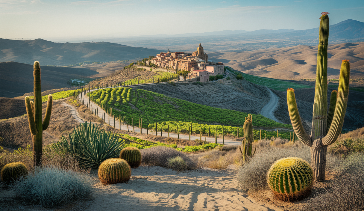 Illustration de la Toscane et de Baja California, fusionnant vignobles luxuriants et paysages désertiques