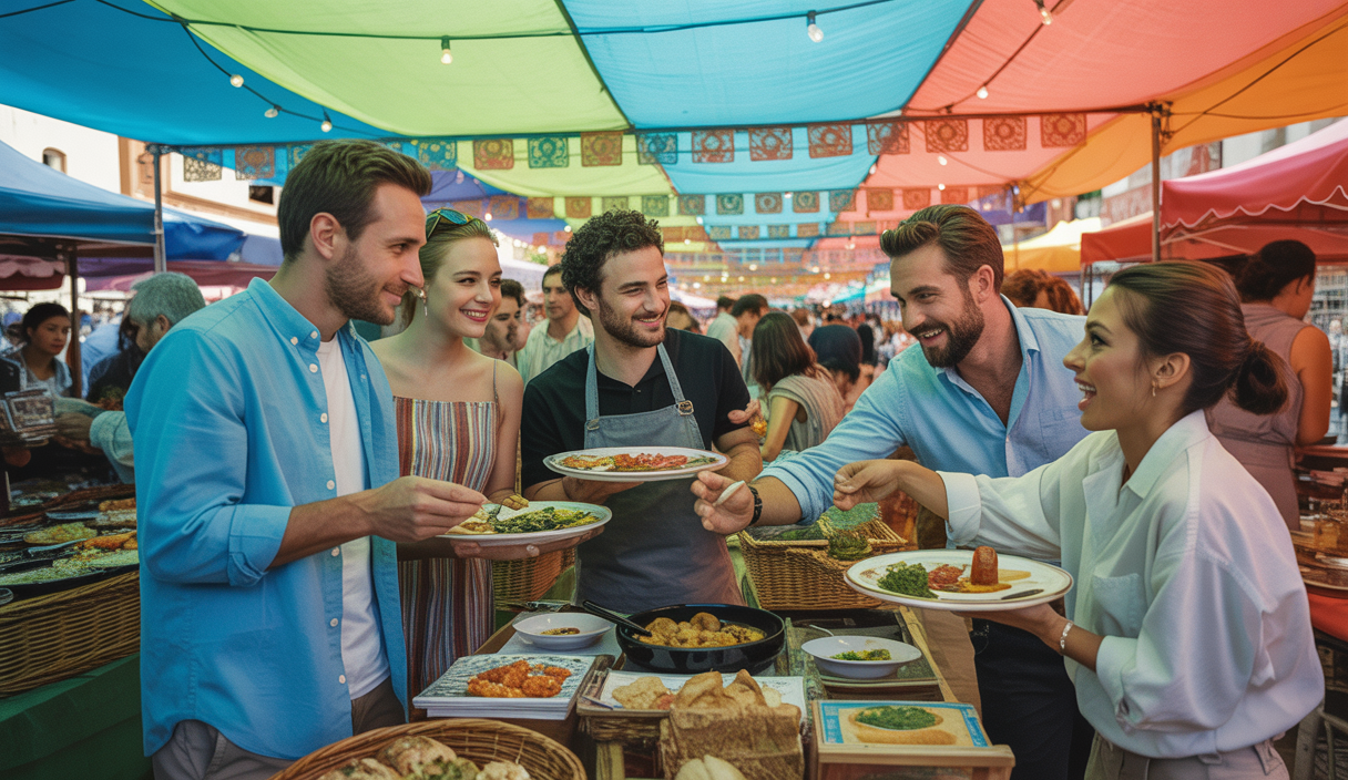 Scène animée de touristes participant à un festival culinaire culturel vibrant