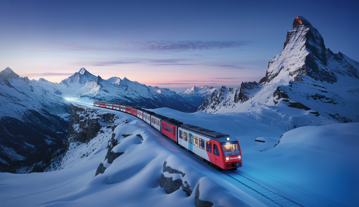 Vue spectaculaire d'un train panoramique en Suisse traversant des paysages montagneux enneigés