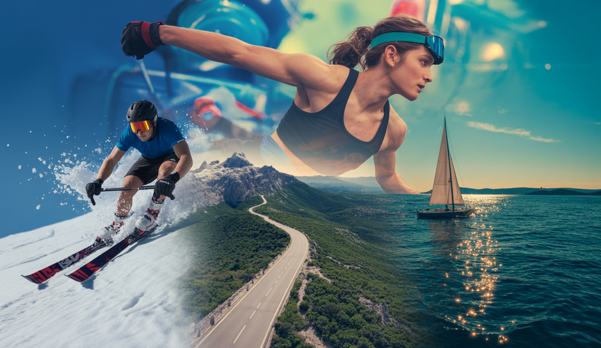 Un collage vibrant de sports d'aventure incluant ski, vélo et voile