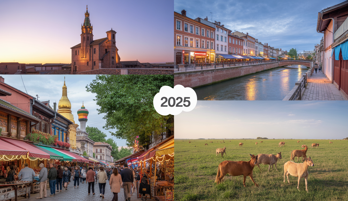 Collage vibrant montrant Toulouse, Chiang Mai et les paysages du Kazakhstan, symbolisant des destinations uniques et alternatives pour 2025