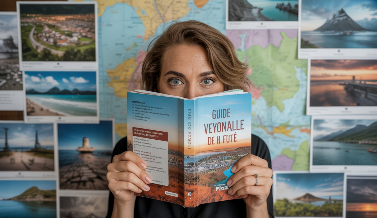 Une personne tenant un guide de voyage personnalisé sur un fond de cartes et de paysages colorés.
