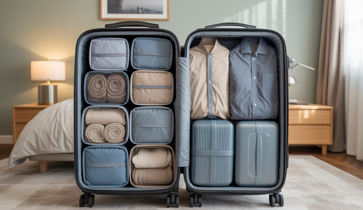 Valise ouverte montrant une organisation optimale avec des cubes de rangement, vêtements roulés et sacs de compression pour maximiser l'espace de voyage