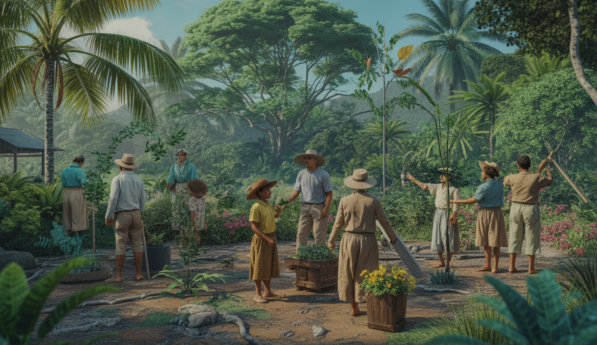 Image de promotion du tourisme responsable montrant des communautés locales s'engageant dans des pratiques durables pour valoriser la biodiversité.