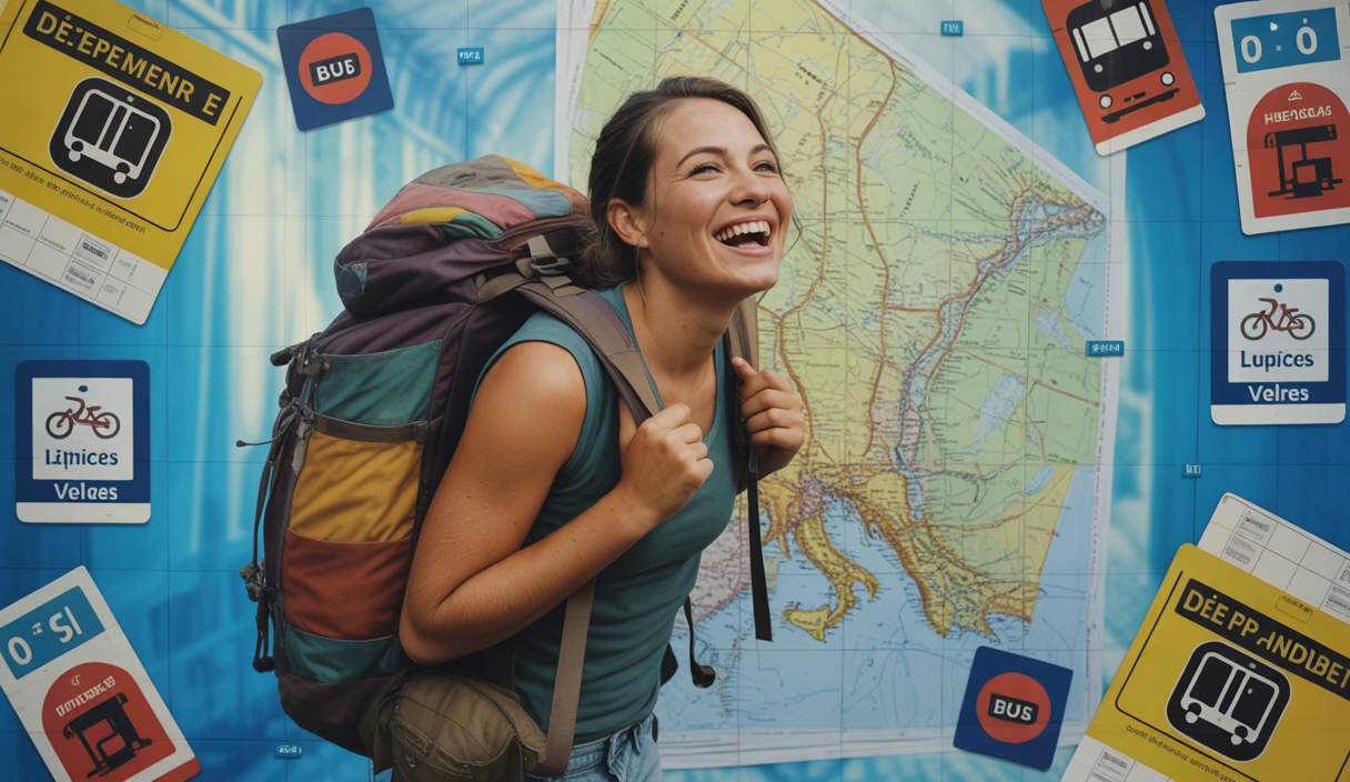 Une personne tenant un sac à dos, avec un map en main, entourée de symboles de transport en commun et d'hébergements économiques.
