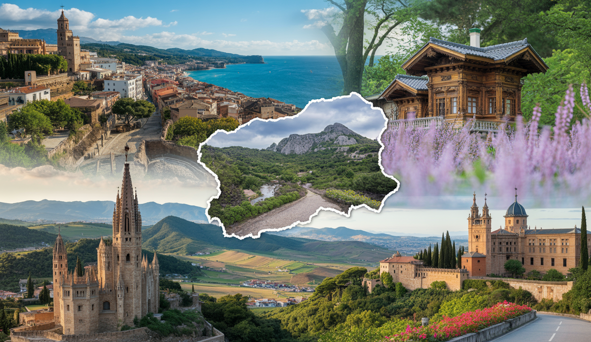 Paysages authentiques et routes pittoresques en Catalogne, Japon et Espagne, avec éléments symbolisant la mobilité durable en 2025