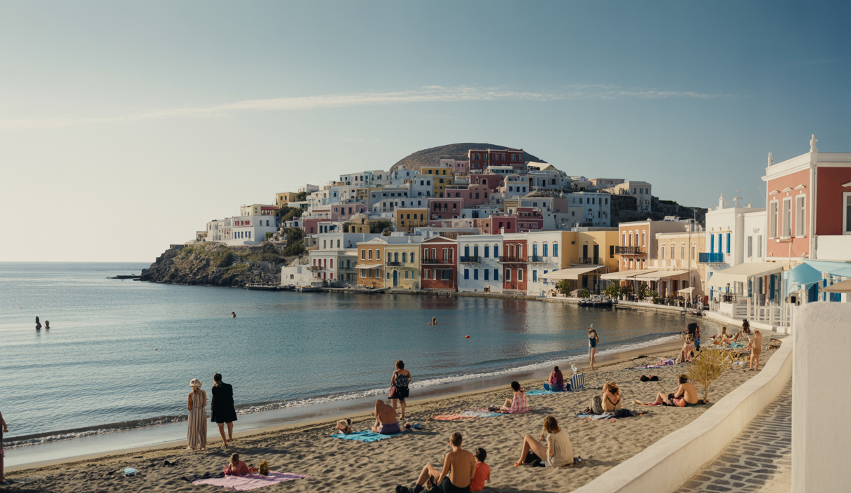 Paysage pittoresque de Syros, île grecque des Cyclades, montrant ses maisons colorées néoclassiques, ses plages immaculées et une atmosphère culturelle dynamique sous un ciel bleu éclatant.