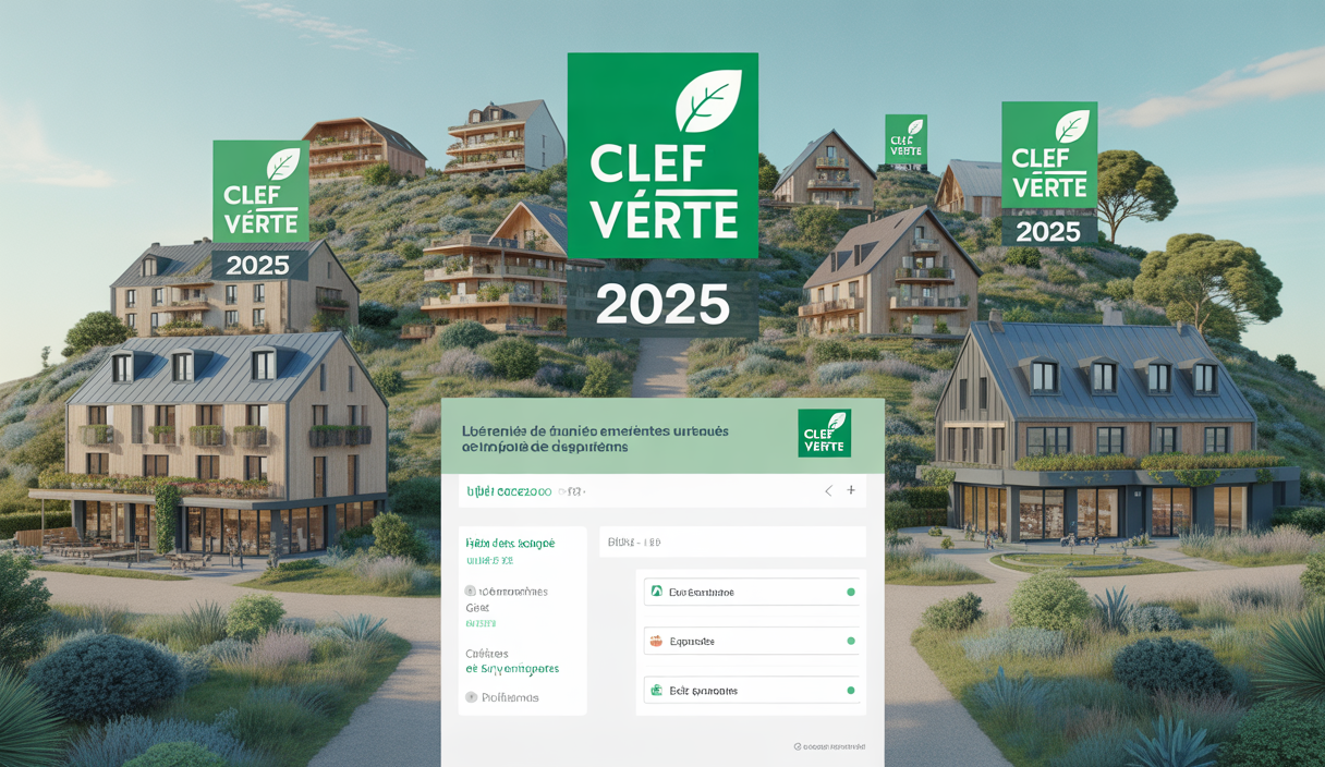 Vue d’un ensemble d’hébergements touristiques labellisés Clef Verte en 2025 avec un logo GreenGo en surimpression, illustrant le tourisme durable et écoresponsable en France