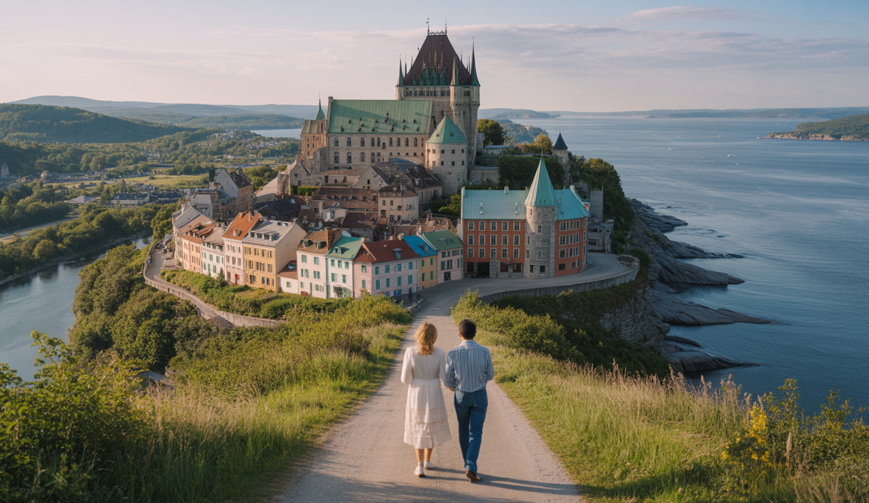 Paysages emblématiques d’Europe et du Québec mêlant patrimoine historique, nature préservée et scènes de voyages authentiques