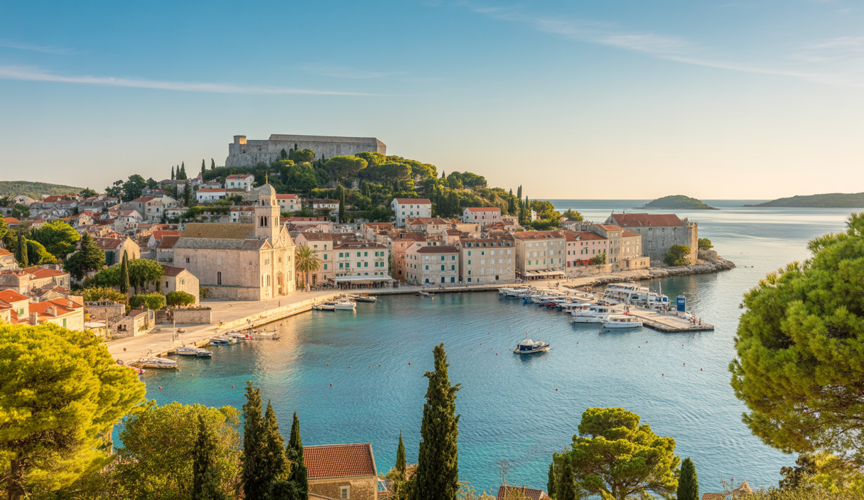 Vue panoramique de l'île de Hvar en Croatie montrant des plages rocheuses aux eaux turquoise, la vieille ville historique avec ses bâtiments en pierre blanchie et le massif fortifié surplombant le port animé, sous un ciel d'un bleu éclatant par une journée ensoleillée.